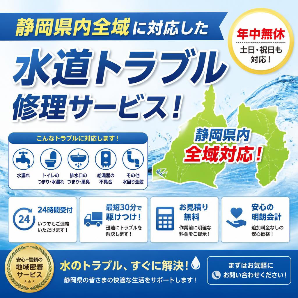 静岡県内全域対応！！年中無休の水道トラブル修理サービス！
