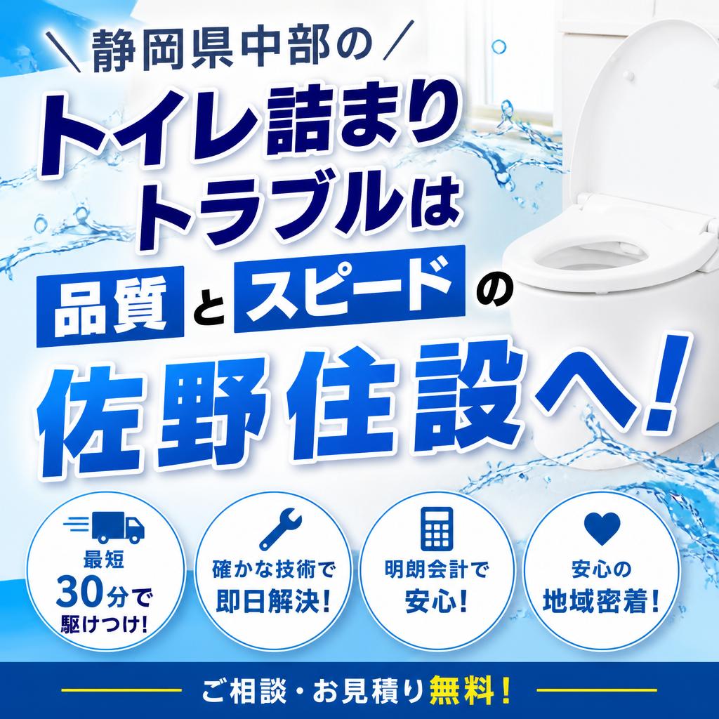 静岡県中部のトイレ詰まりトラブルは品質とスピードの佐野住設へ！