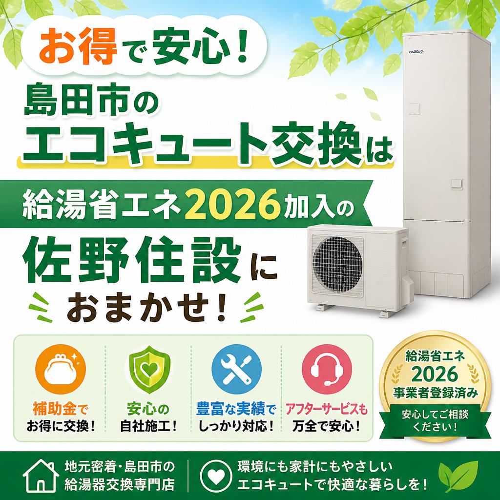 お得で安心！島田市のエコキュート交換は給湯省エネ2026加入の佐野住設におまかせ！