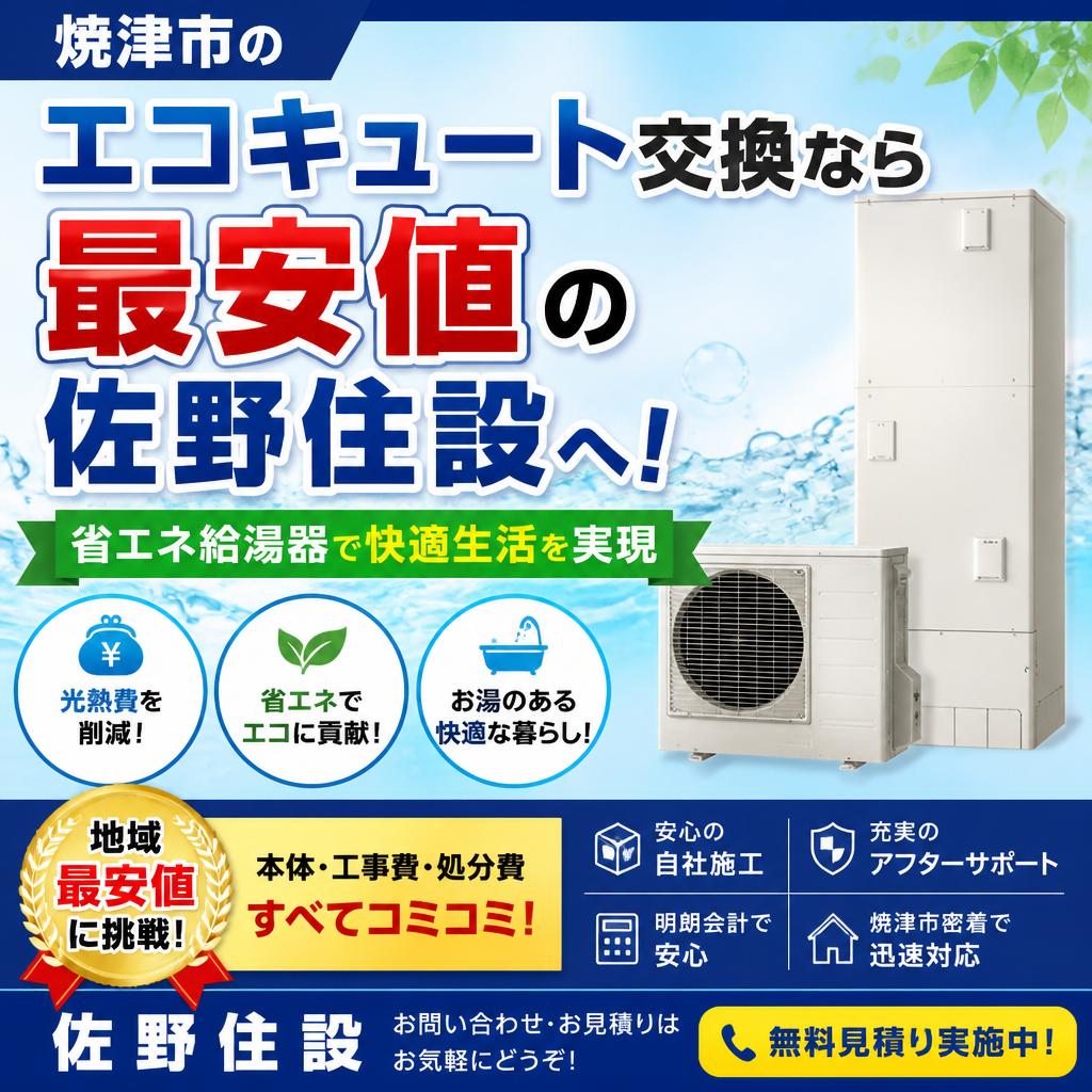 焼津市のエコキュート交換なら最安値の佐野住設へ！省エネ給湯器で快適生活を実現