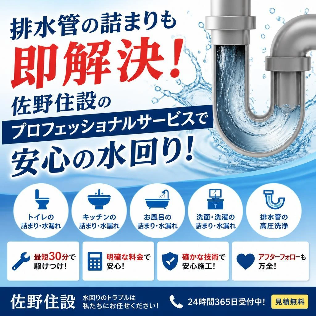 排水管の詰まりも即解決！佐野住設のプロフェッショナルサービスで安心の水回り！
