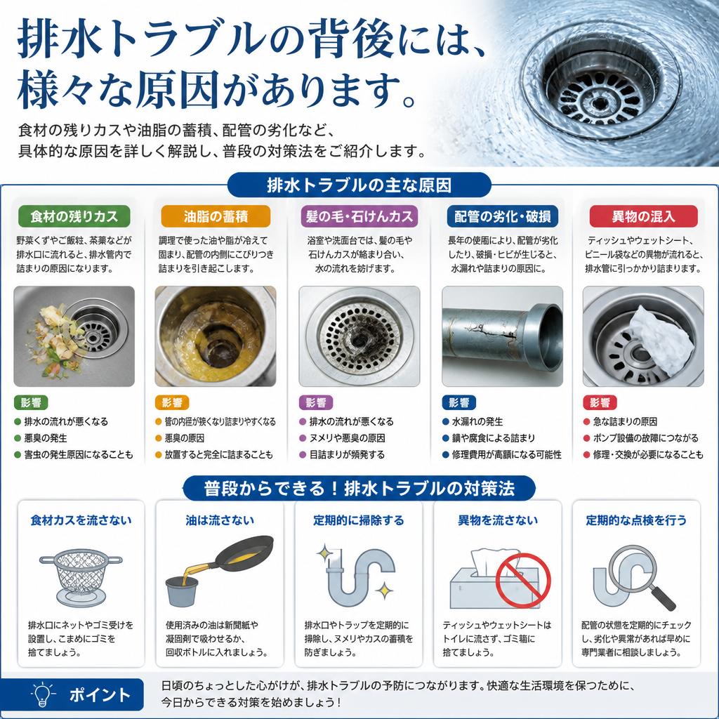 排水トラブルの主な原因