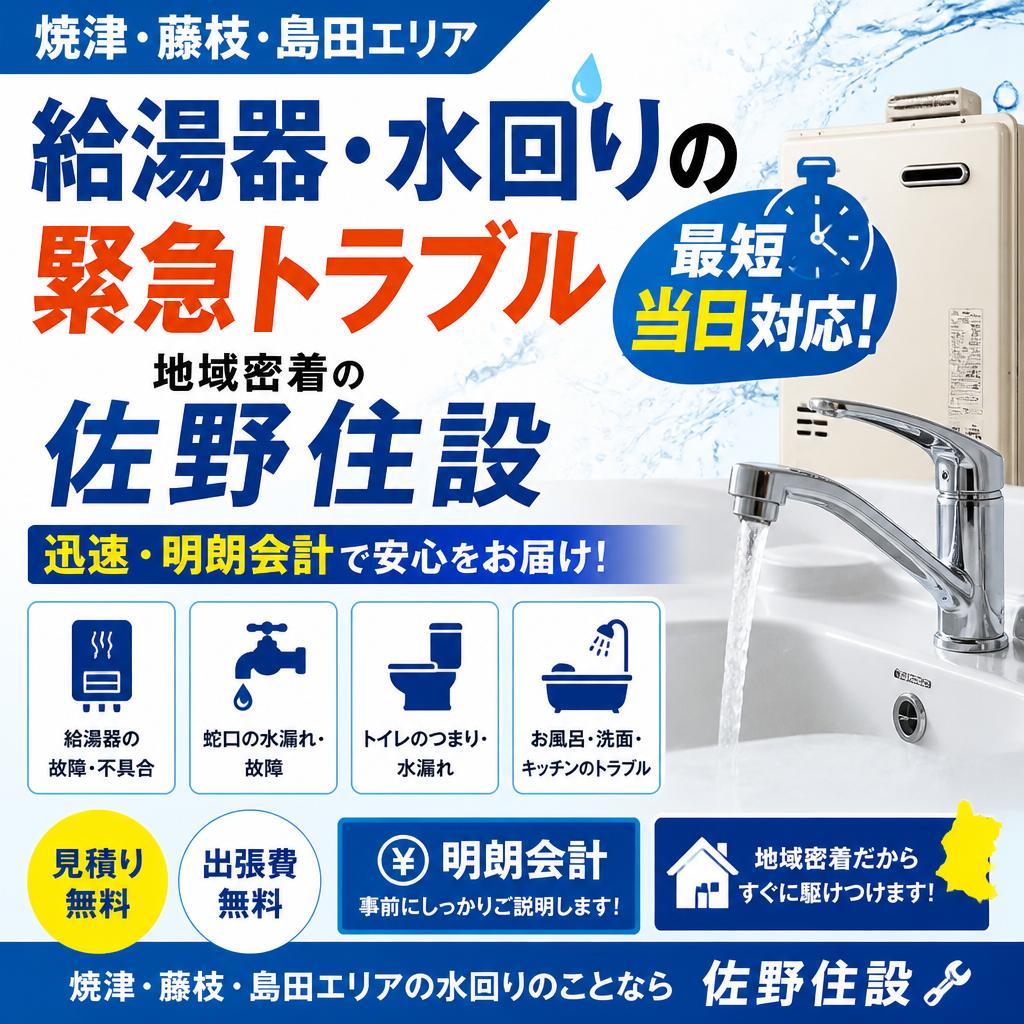 【焼津・藤枝・島田エリア】給湯器・水回りの緊急トラブル最短当日対応！地域密着の佐野住設｜迅速・明朗会計で安心をお届け！