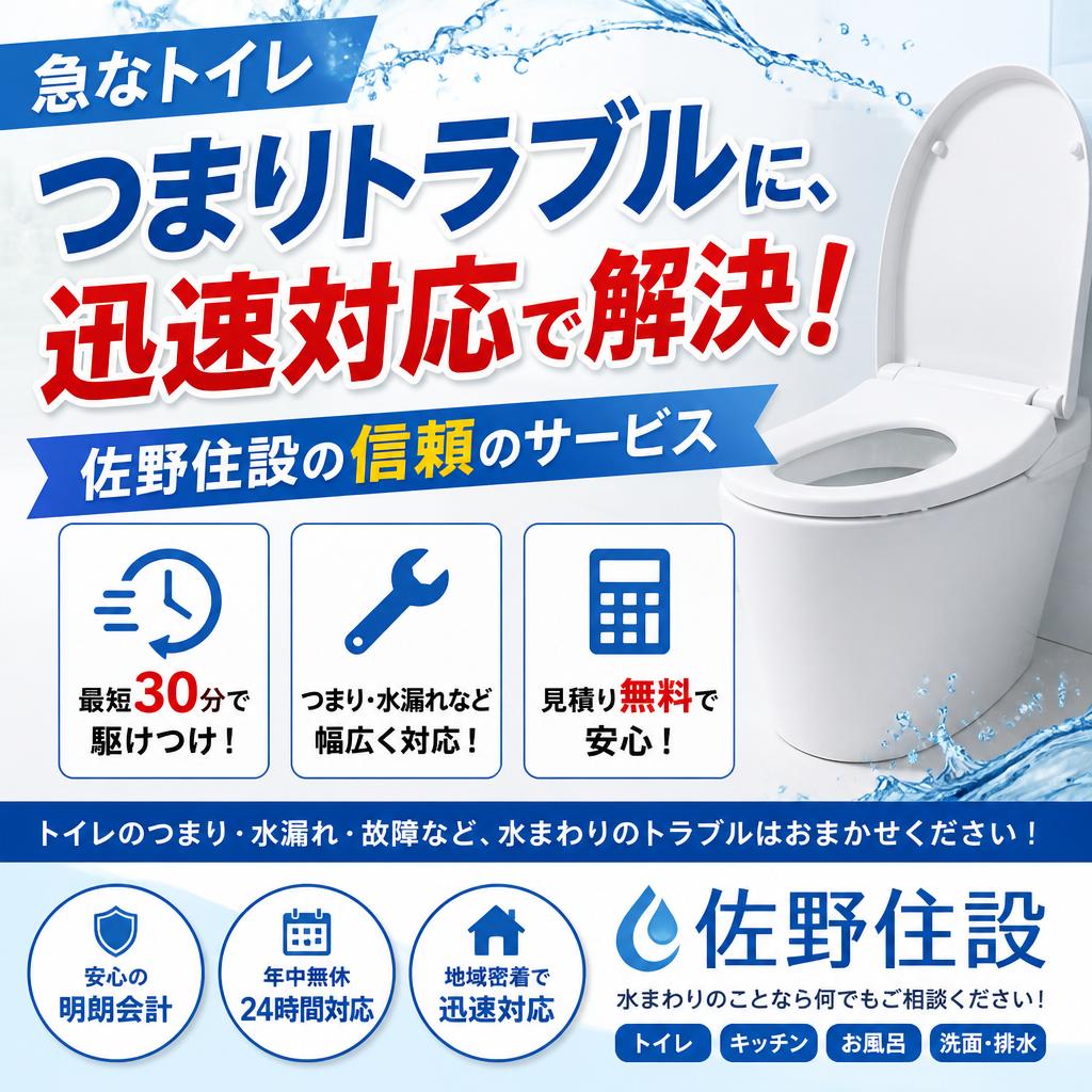 急なトイレつまりトラブルに、迅速対応で解決！佐野住設の信頼のサービス
