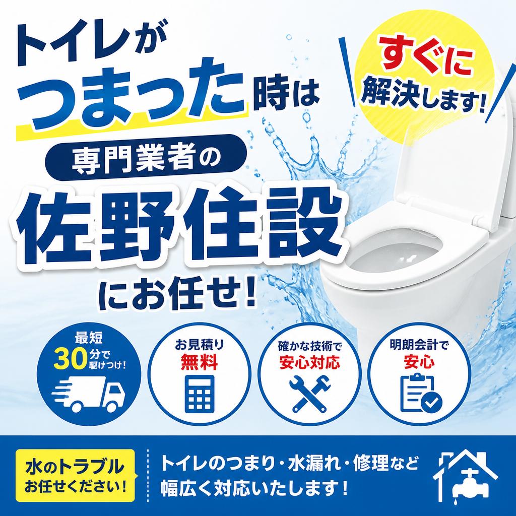 トイレがつまった時は専門業者の佐野住設にお任せ！すぐに解決します！