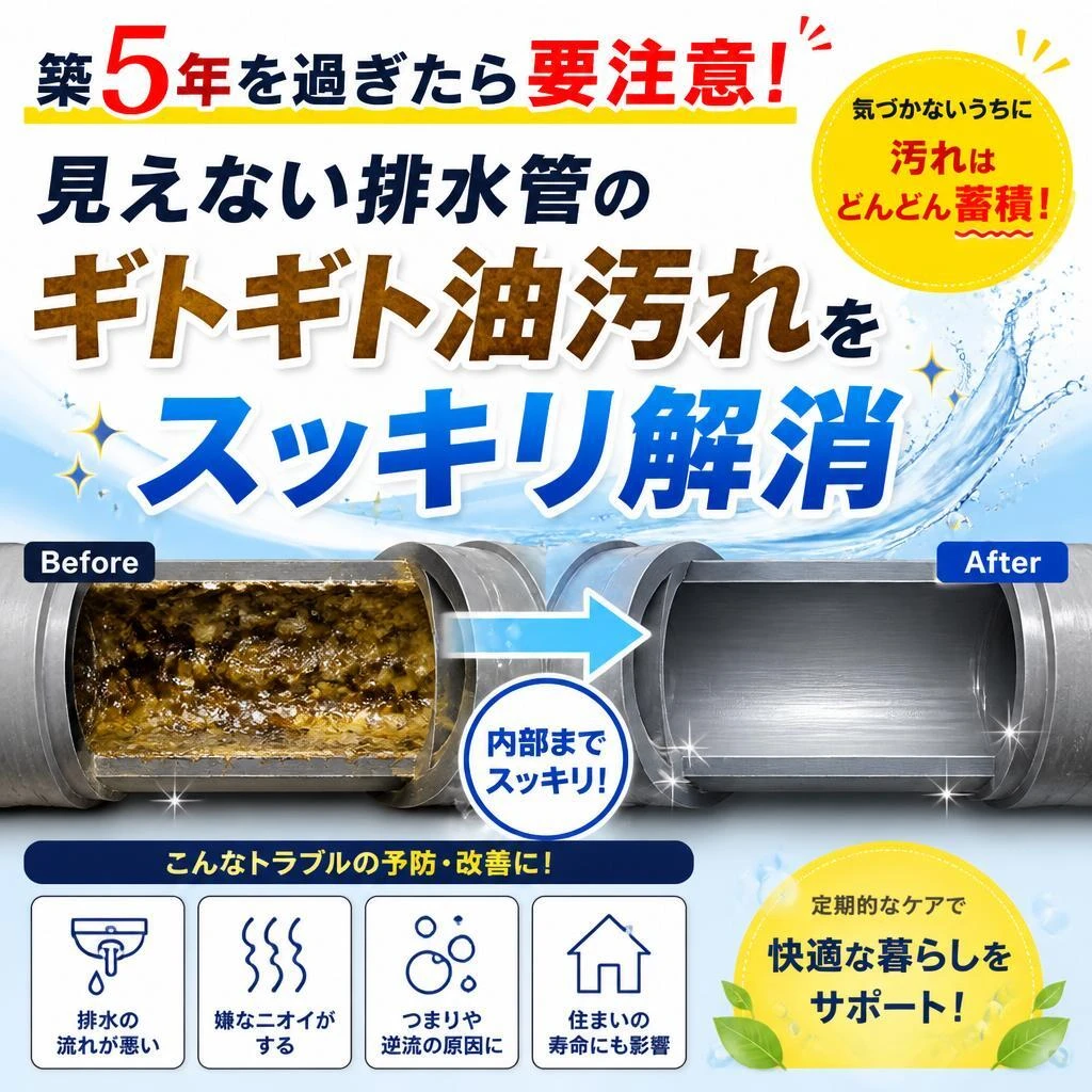 築5年を過ぎたら要注意！見えない排水管のギトギト油汚れをスッキリ解消