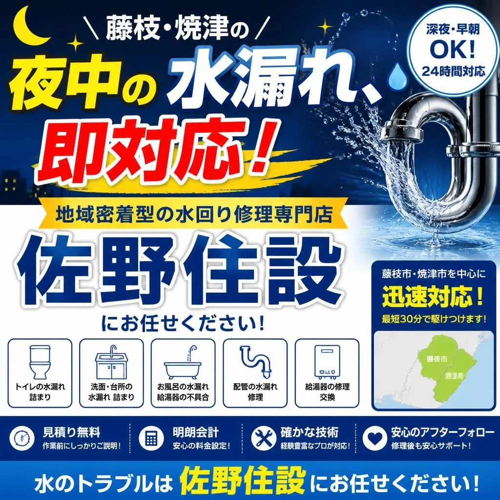 藤枝・焼津の夜中の水漏れ、即対応！地域密着型の水回り修理専門店「佐野住設」にお任せください！