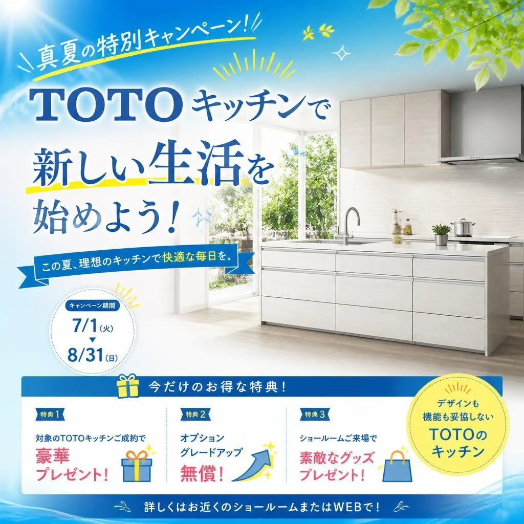 真夏の特別キャンペーン！TOTOキッチンで新しい生活を始めよう！