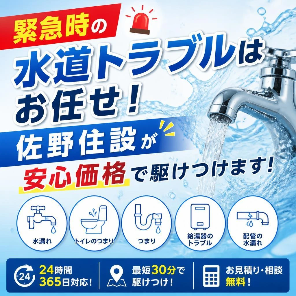 緊急時の水道トラブルはお任せ！佐野住設が安心価格で駆けつけます！