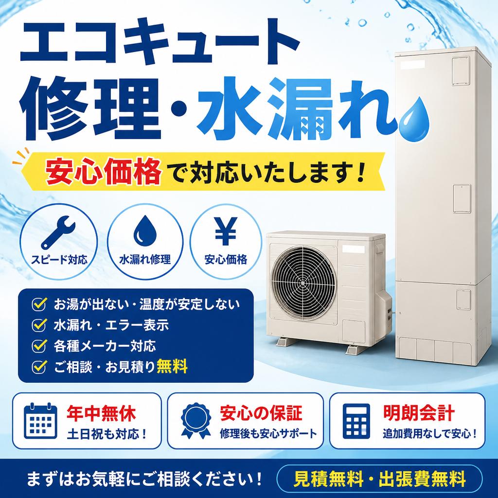 エコキュート修理・水漏れ　安心価格で対応いたします！