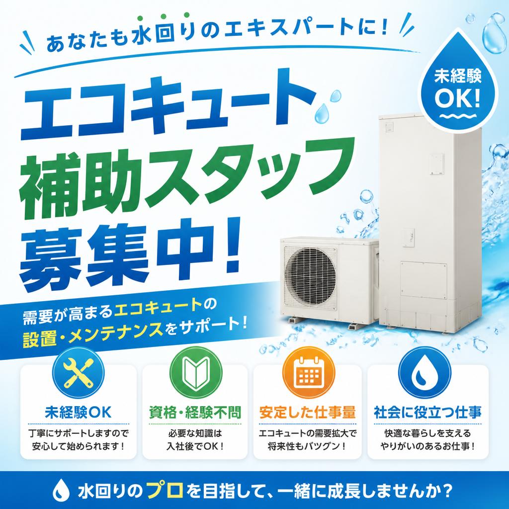 あなたも水回りのエキスパートに！エコキュート補助スタッフ募集中！
