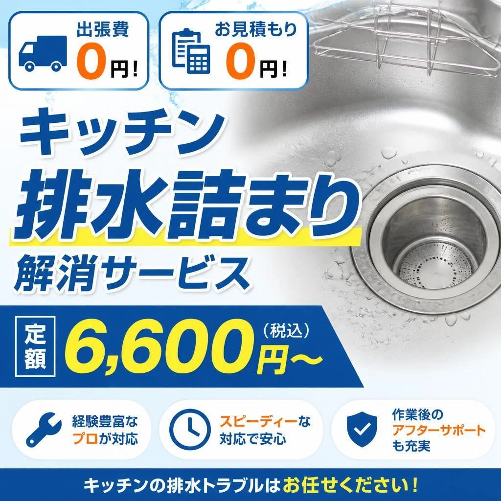 出張費・お見積もり０円！定額6,600円～で安心のキッチン排水詰まり解消サービス