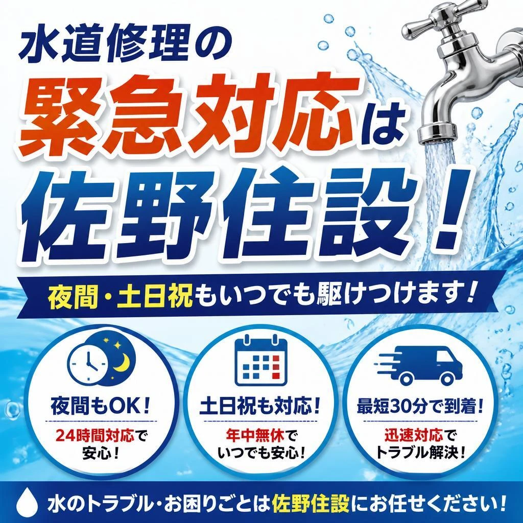 水道修理の緊急対応は佐野住設！夜間・土日祝もいつでも駆けつけます。